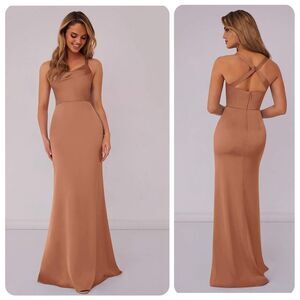 BARBIE AZAZIE 1007 Criss Cross Strap Stretch Satin Sheath Dress Bronzer. Size A8